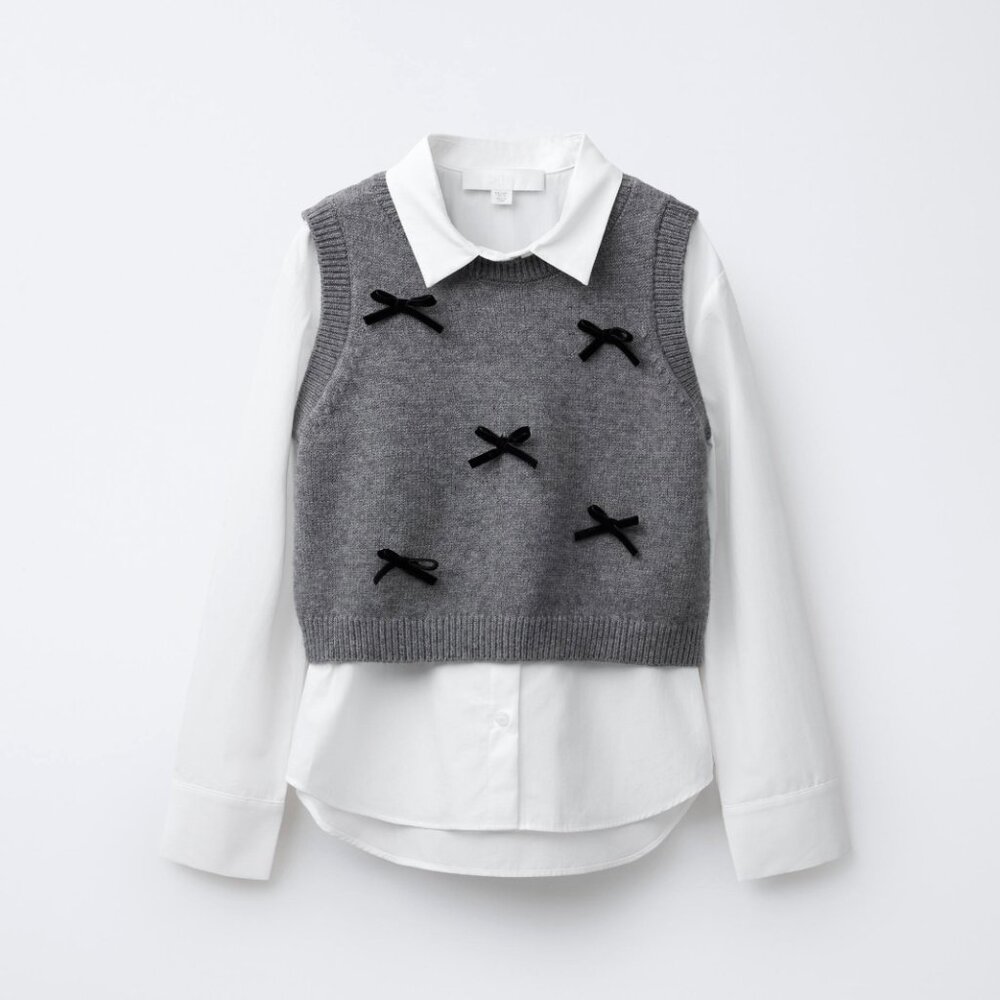 Zara Kids || Poplin Shirt with Knitted Vest + Velvet Bows